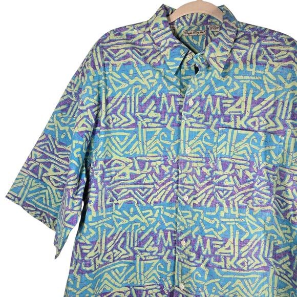VINTAGE Bugle Boy Shirt Mens XL Blue Purple Abstract Geometric Button Front 90s - Picture 4 of 12